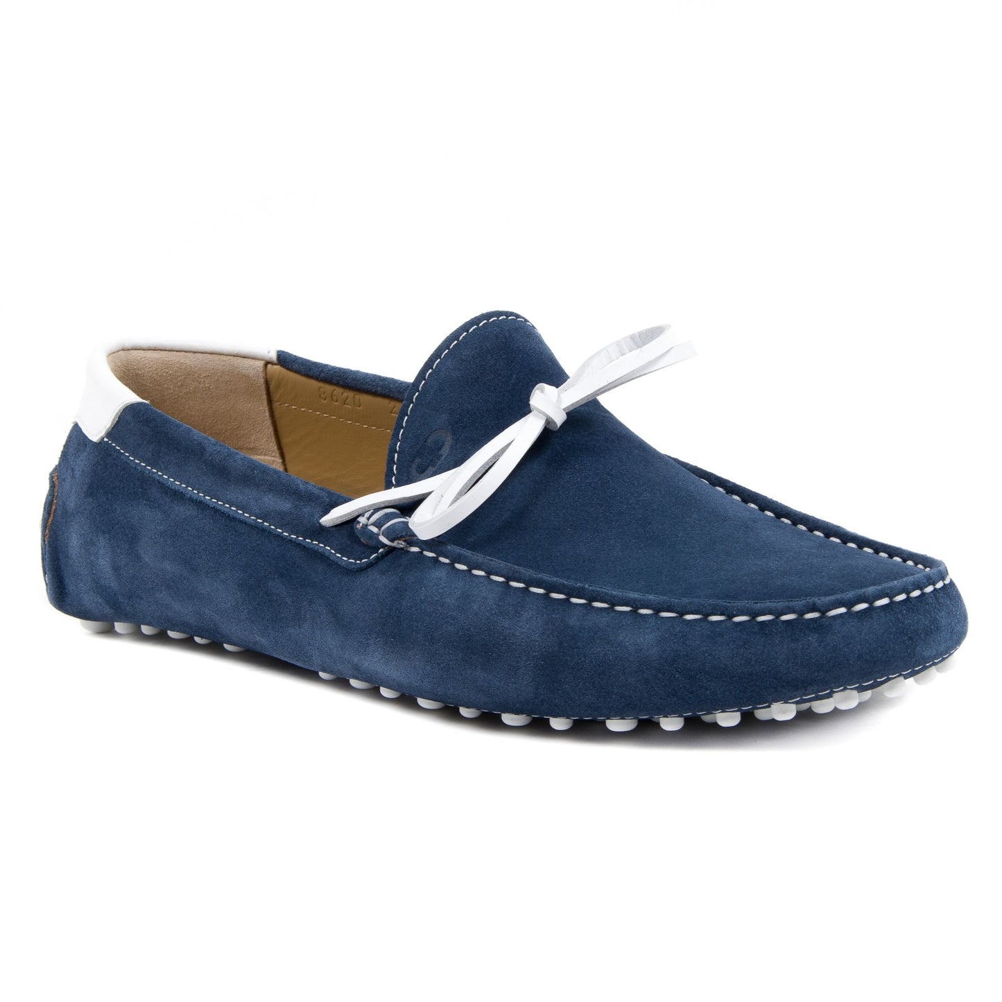 Blue suede loafer with white laces on a white background