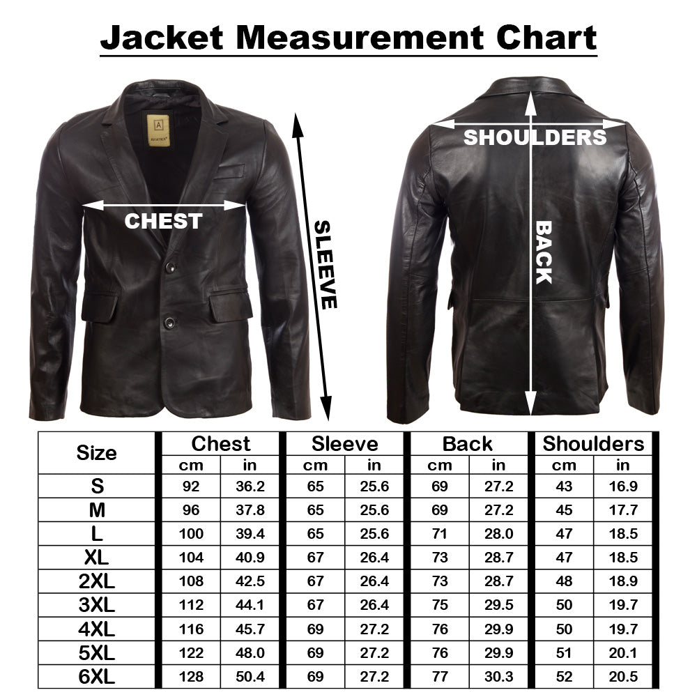 Measurement chart for a leather jacket showing chest, sleeve, and shoulder dimensions.