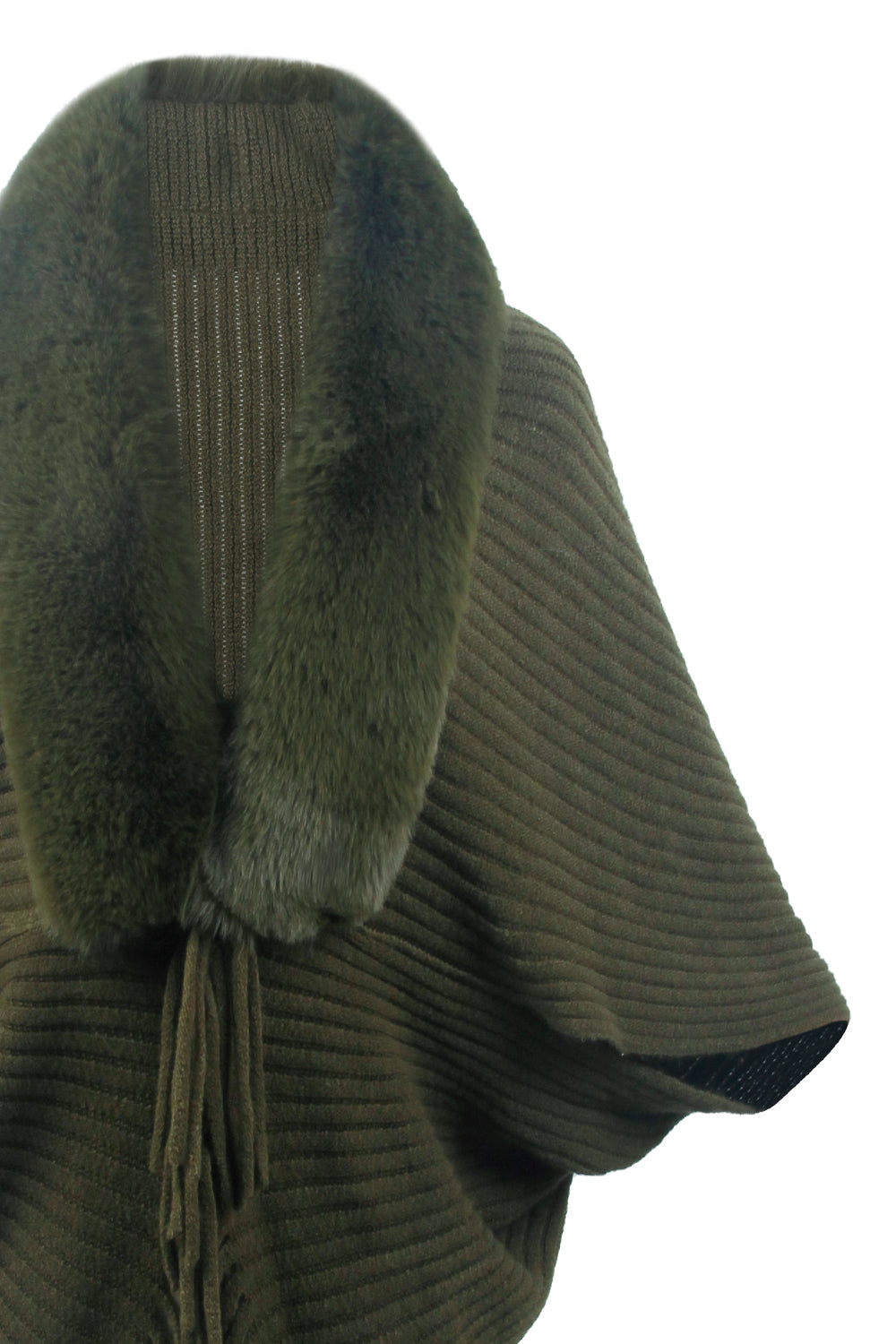 Green ribbed sweater with fur collar on a white background