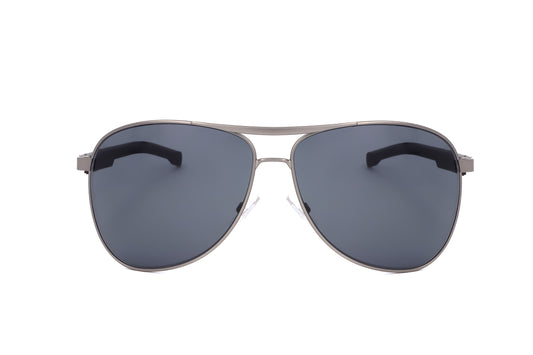 Aviator sunglasses with dark lenses on a white background