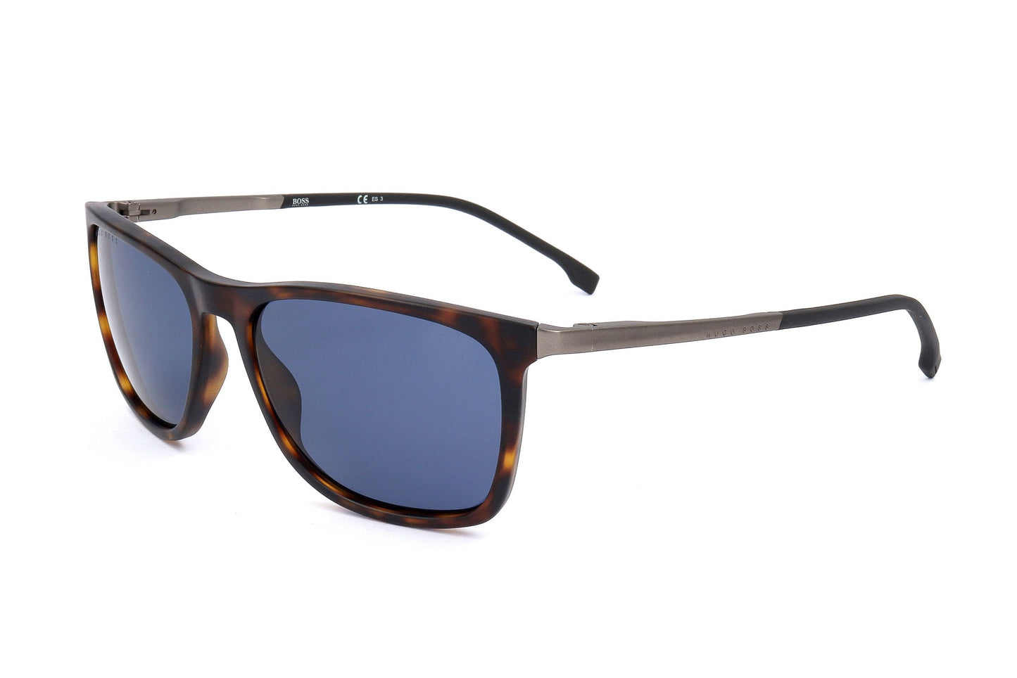 Sunglasses with tortoiseshell frame and blue lenses on a white background