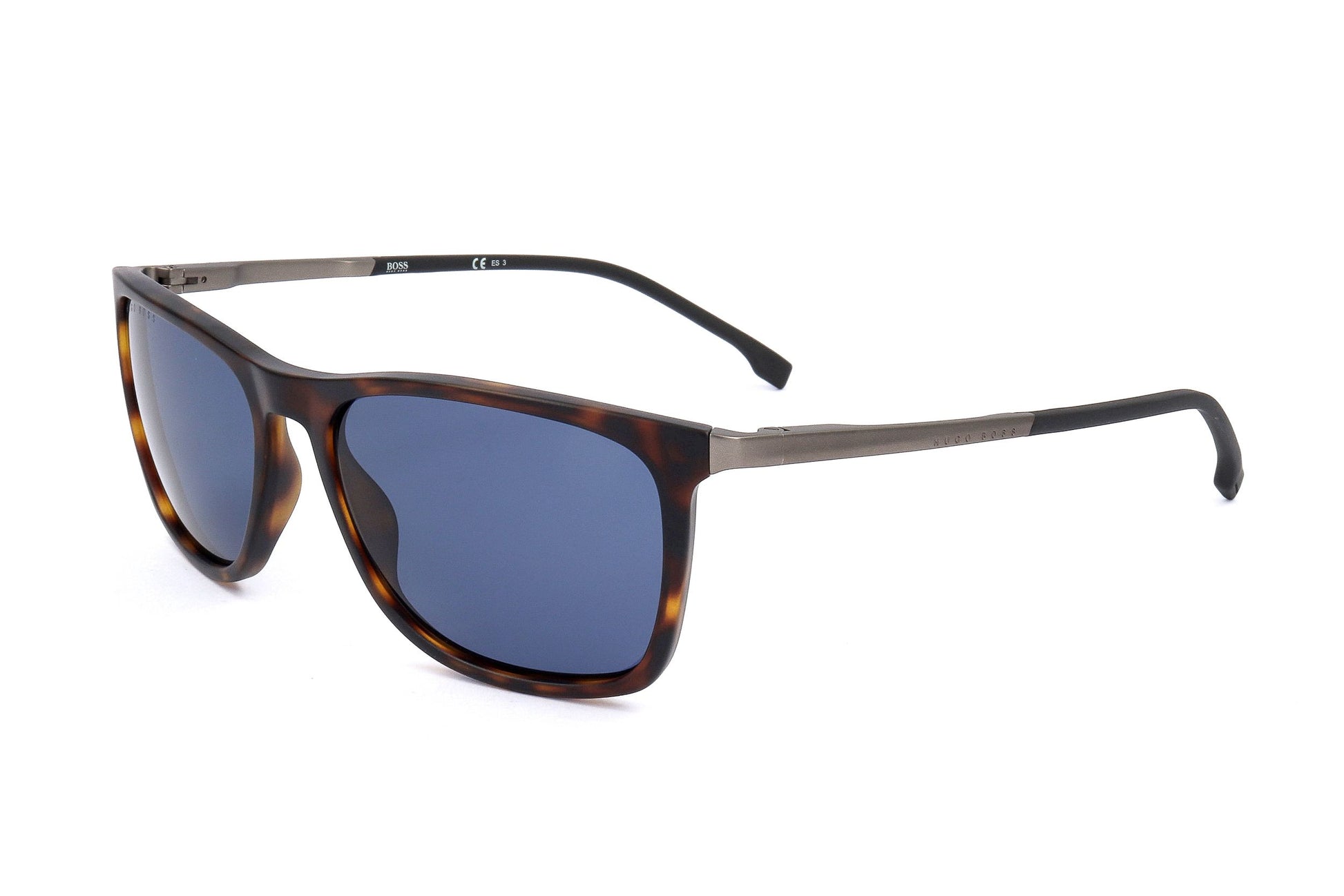 Sunglasses with tortoiseshell frame and blue lenses on a white background