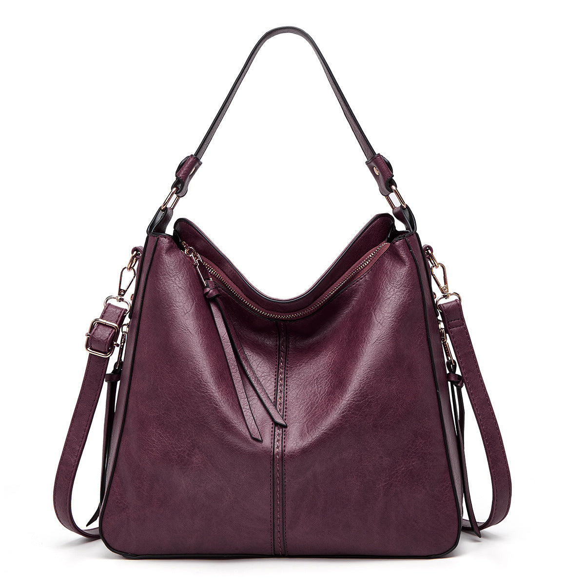 Purple handbag with a shoulder strap on a white background