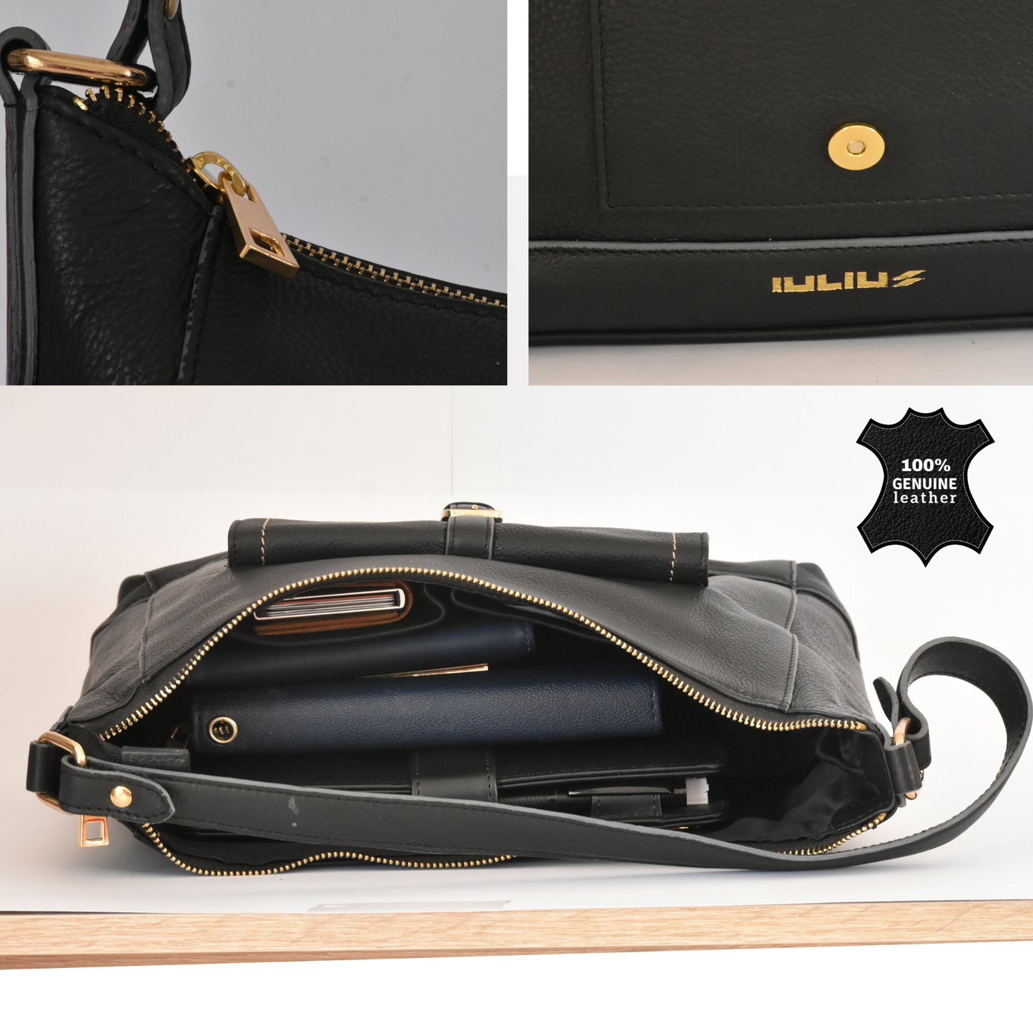 Black leather bag with gold accents, open to show interior, and close-up of brand logo.