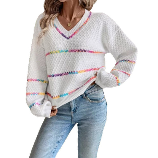 Women's V-Neck Contrast Pullover Sweater