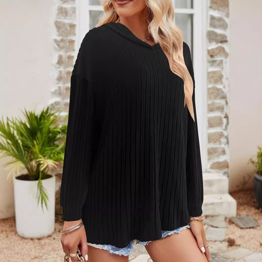 Women's Hooded Pullover Sweater with Stripes