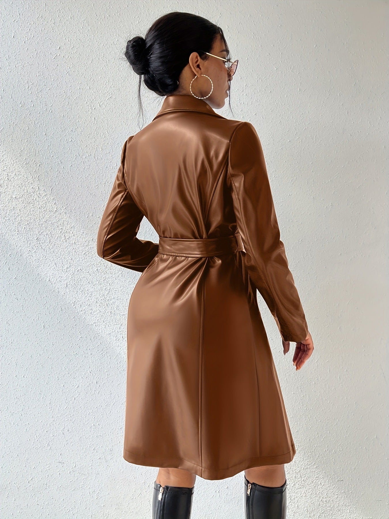 Women's PU Leather Trench Coat with Pockets