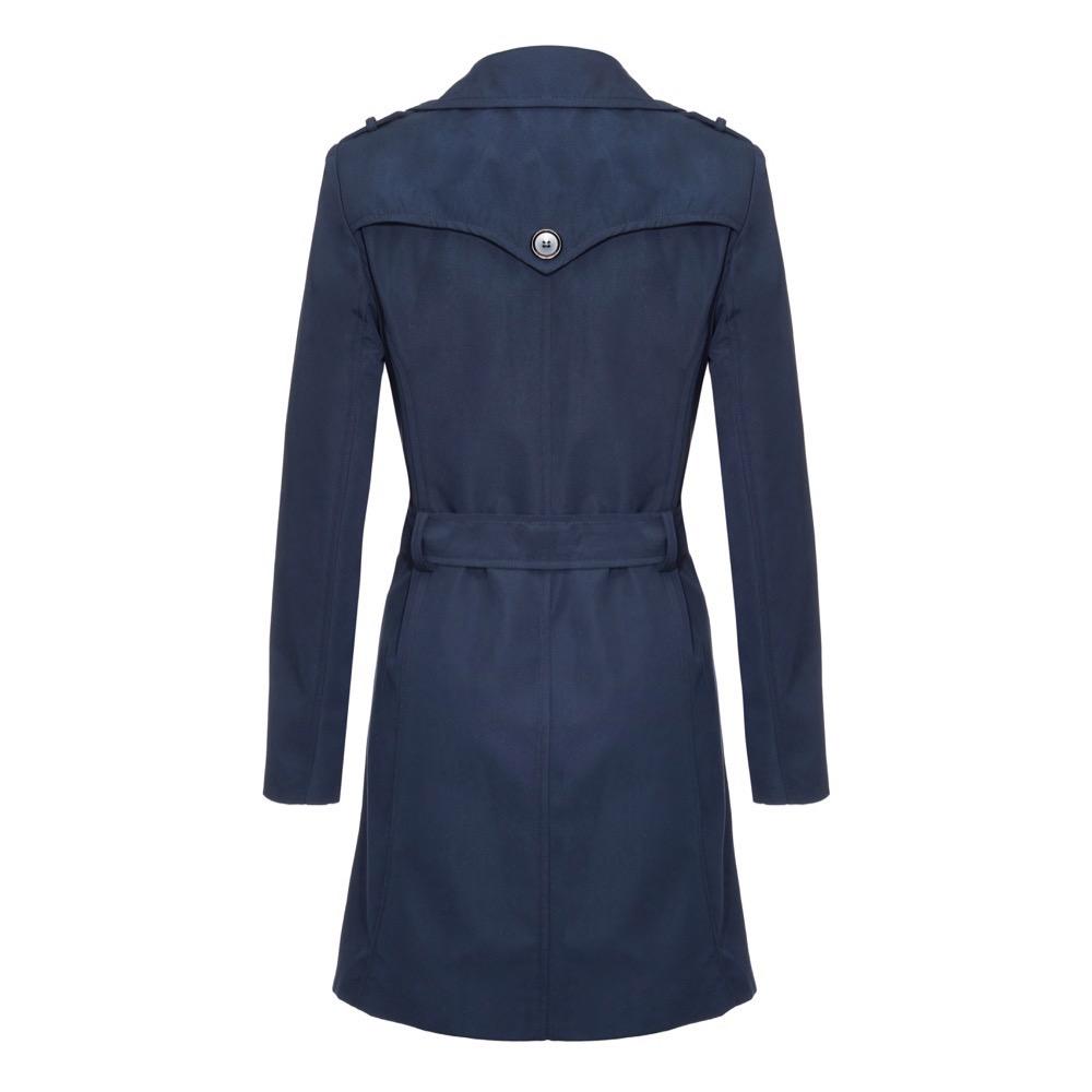 Navy blue trench coat on a white background
