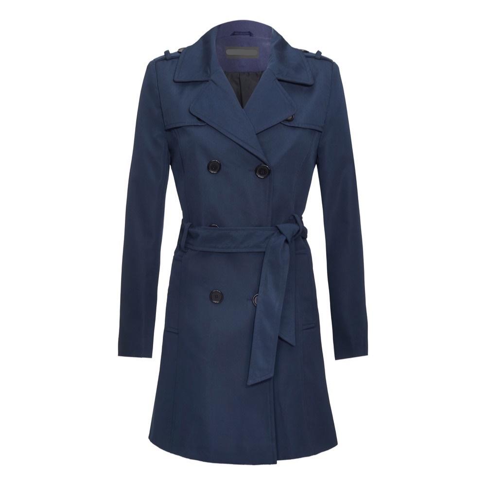 Navy blue trench coat on a white background