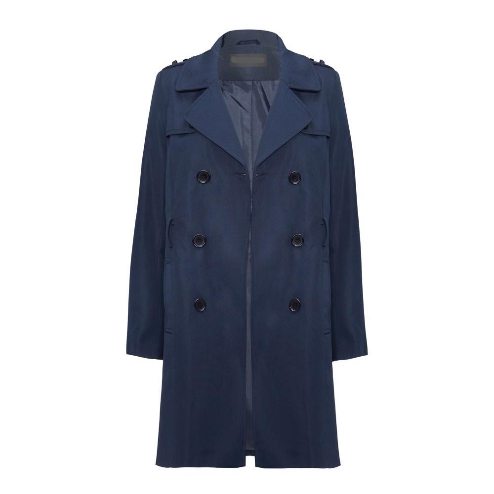 Navy blue trench coat on a white background