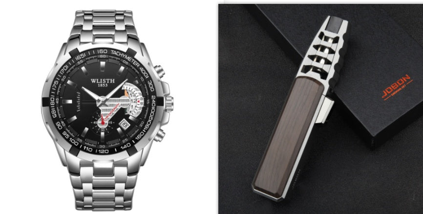 Silver wristwatch with black face and a knife on a dark background