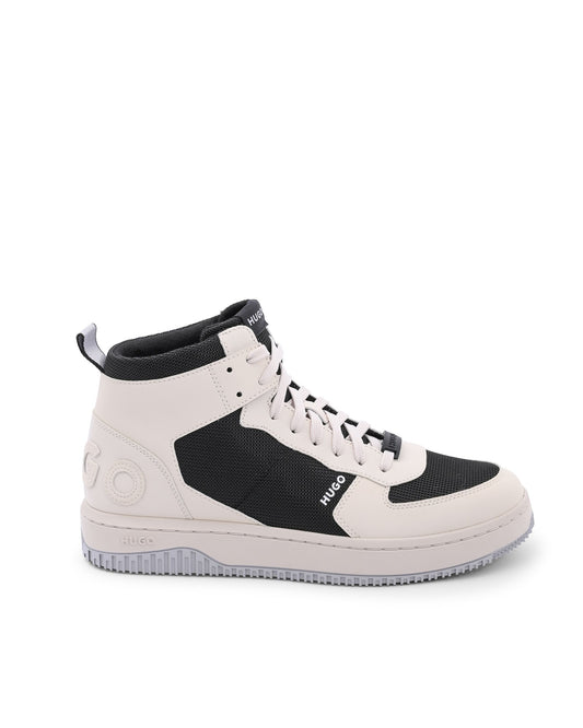 White and black sneaker with visible brand logo on a white background