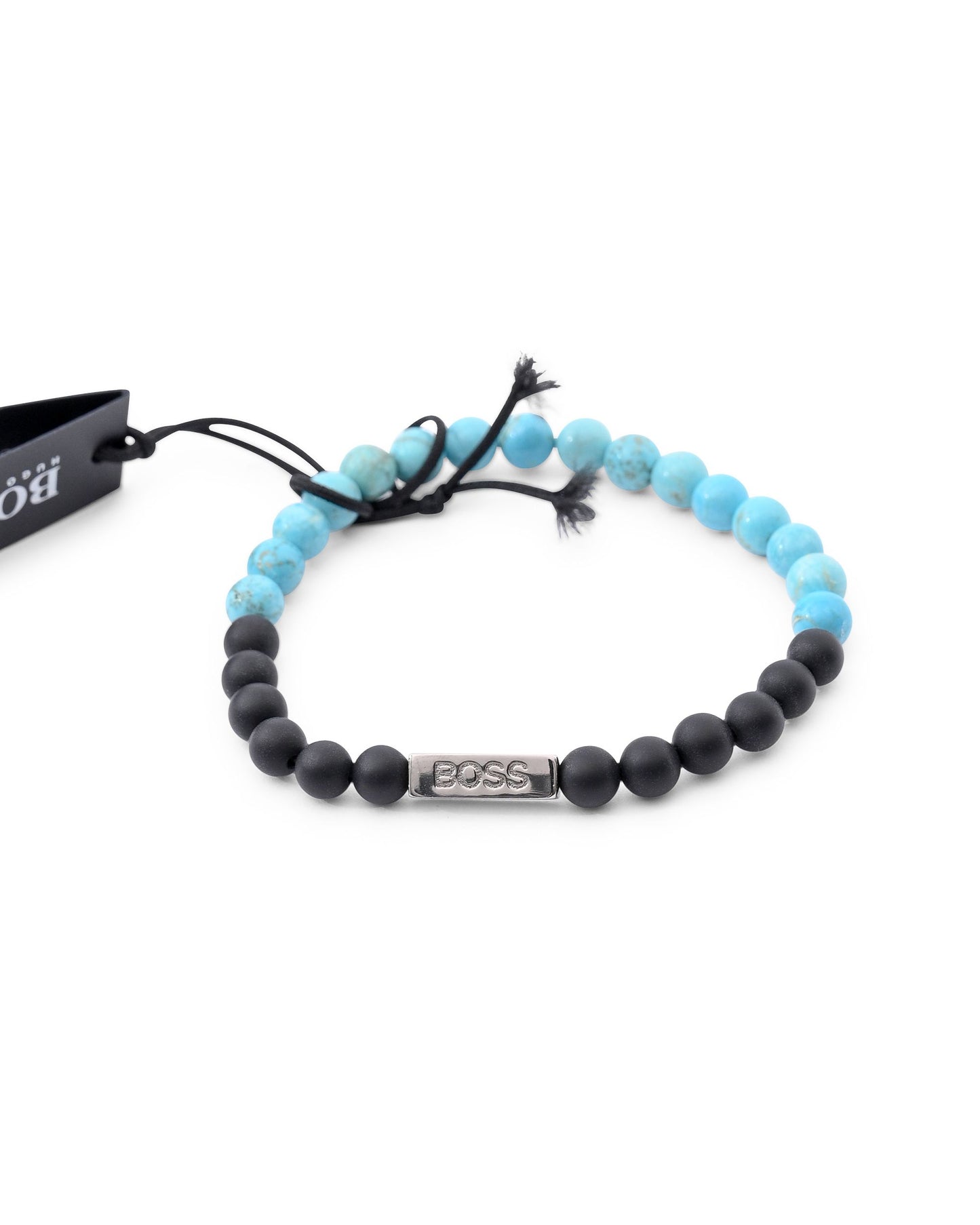Black and blue beaded bracelet with 'BOSS' tag on a white background