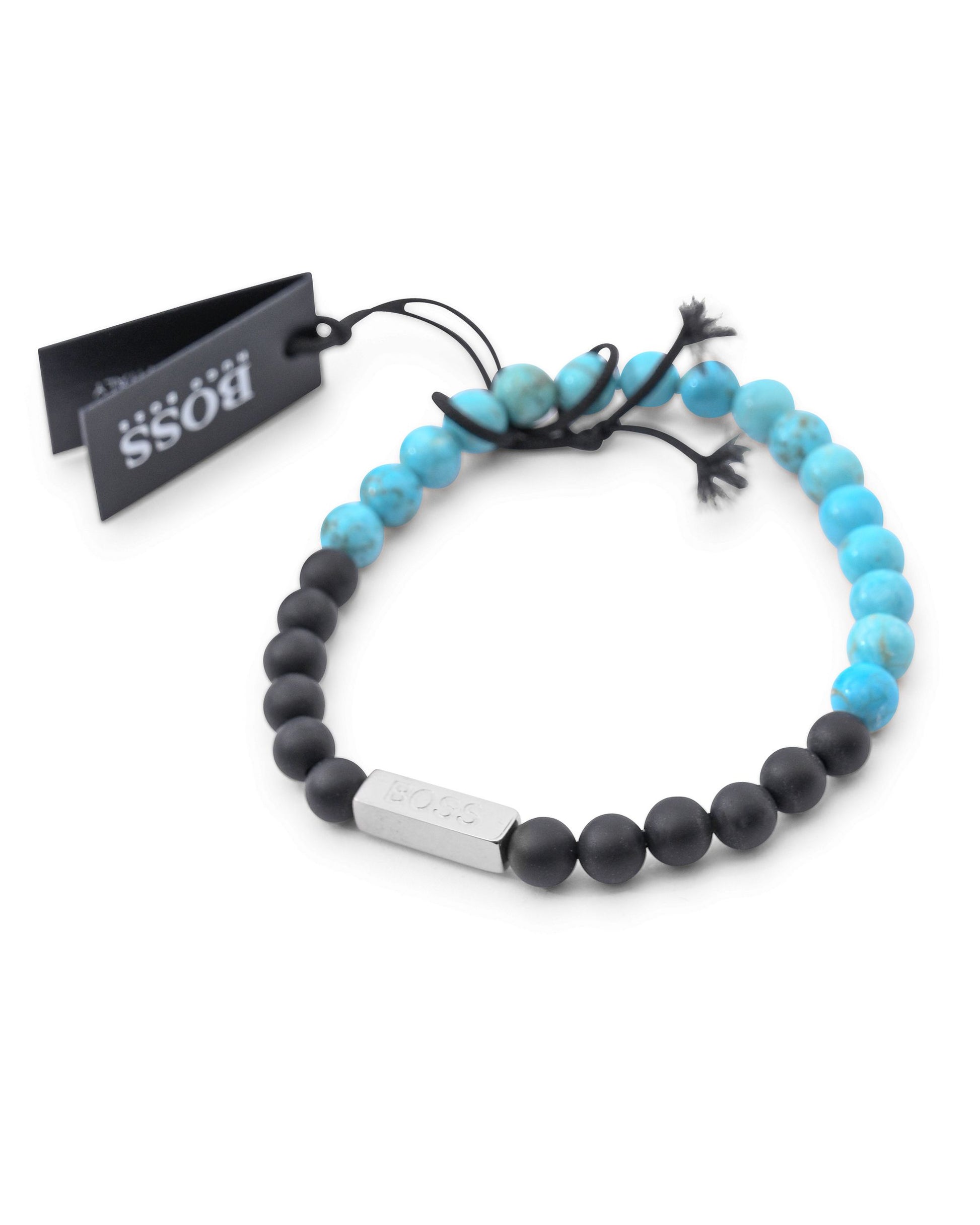 Two beaded bracelets, one black and one blue, with a tag labeled 'BOSS' on a white background.