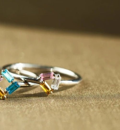 925 Sterling Silver Rectangular Birthstone Ring - Customizable Gemstone Jewelry - Style Queenz