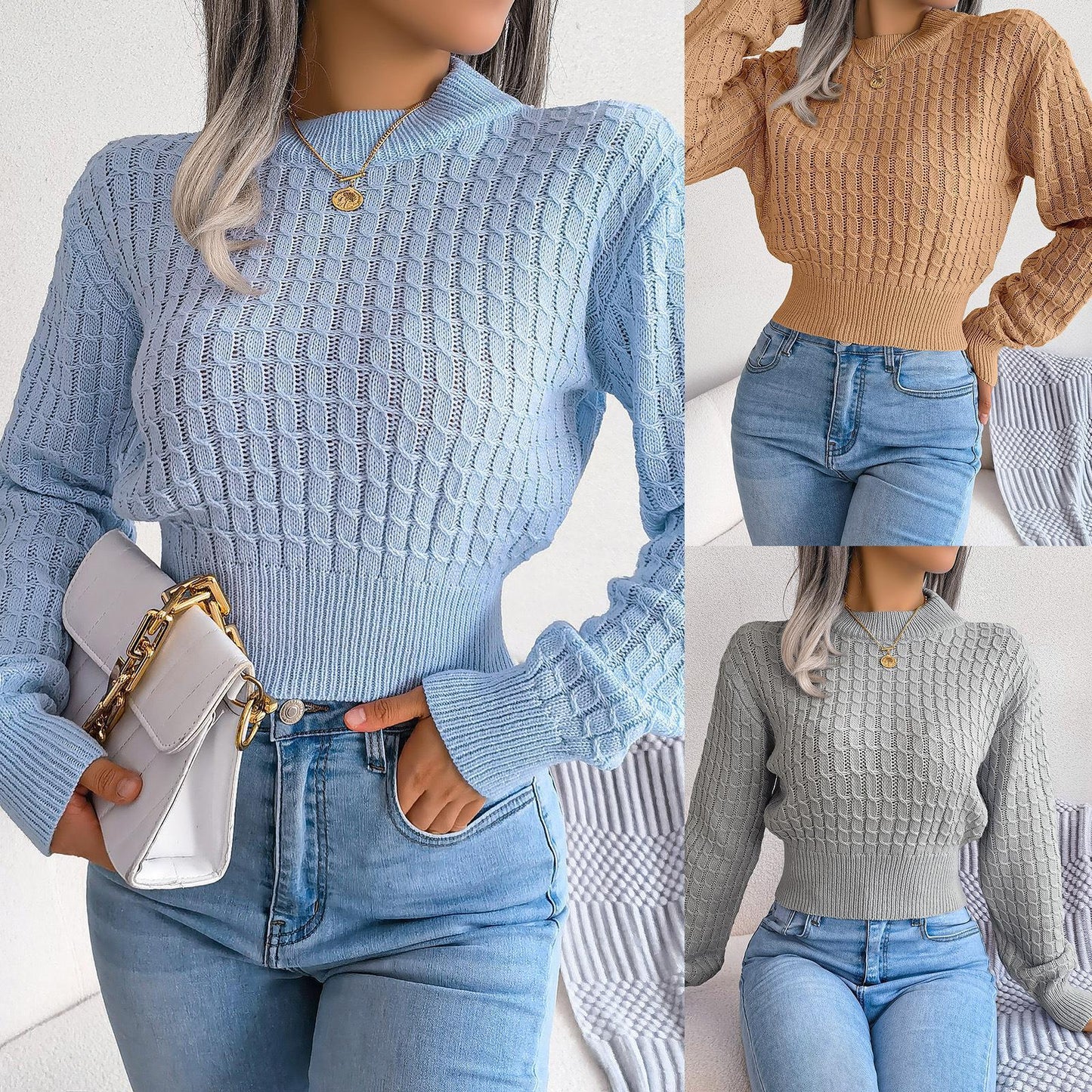 Women's Cropped Knitted Sweater with Twist Detail