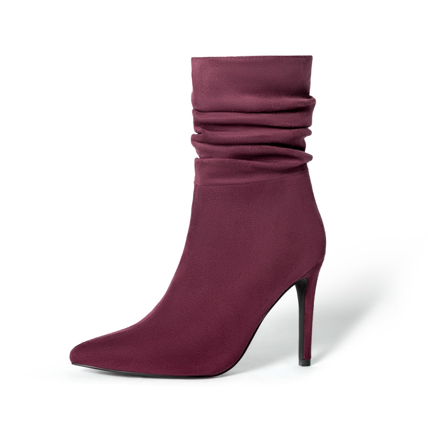 Purple high-heeled sock boot on a white background