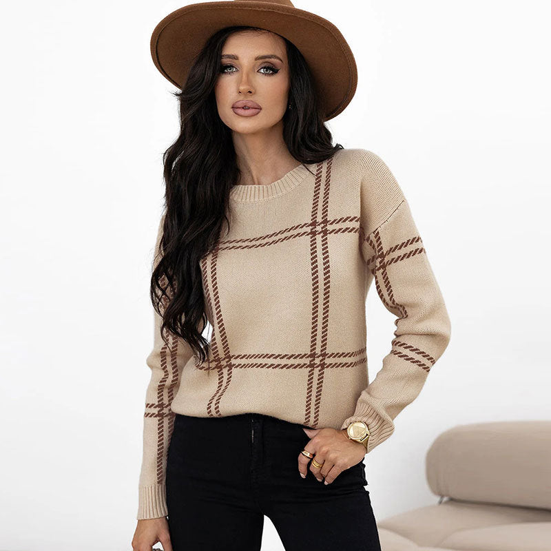 Women's Plaid Color Block Crew Neck Sweater