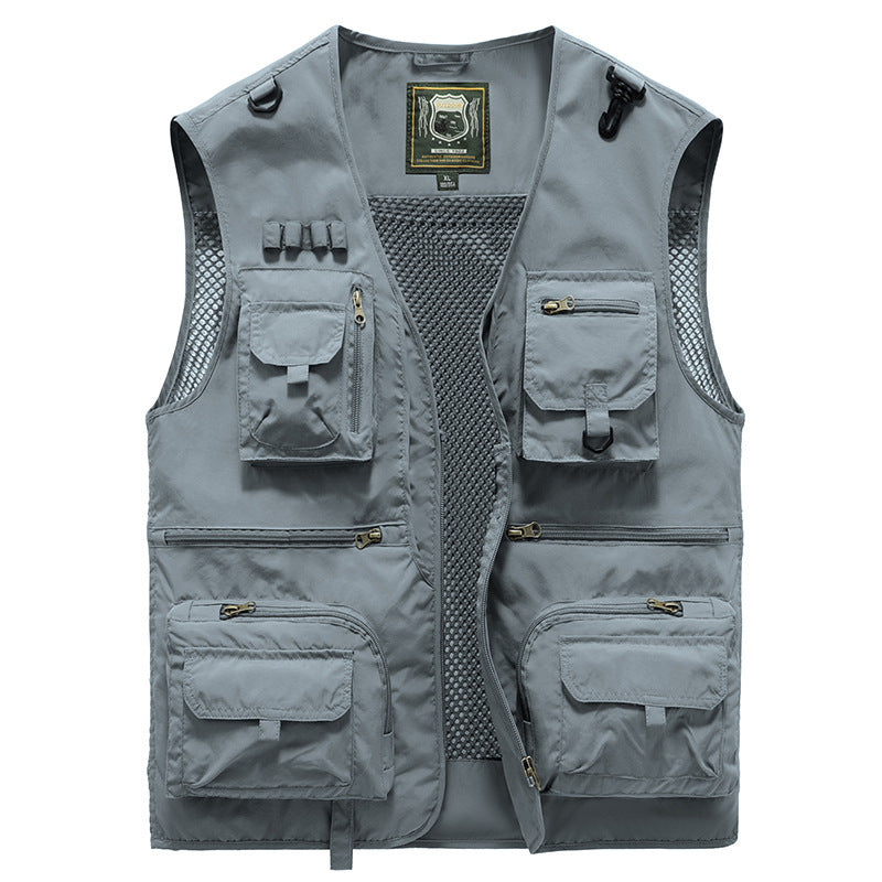 Gray vest with multiple pockets and a brand logo on a white background