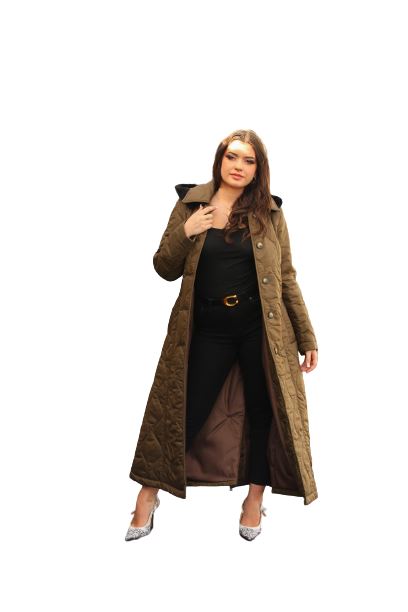 Woman wearing a long brown coat on a white background