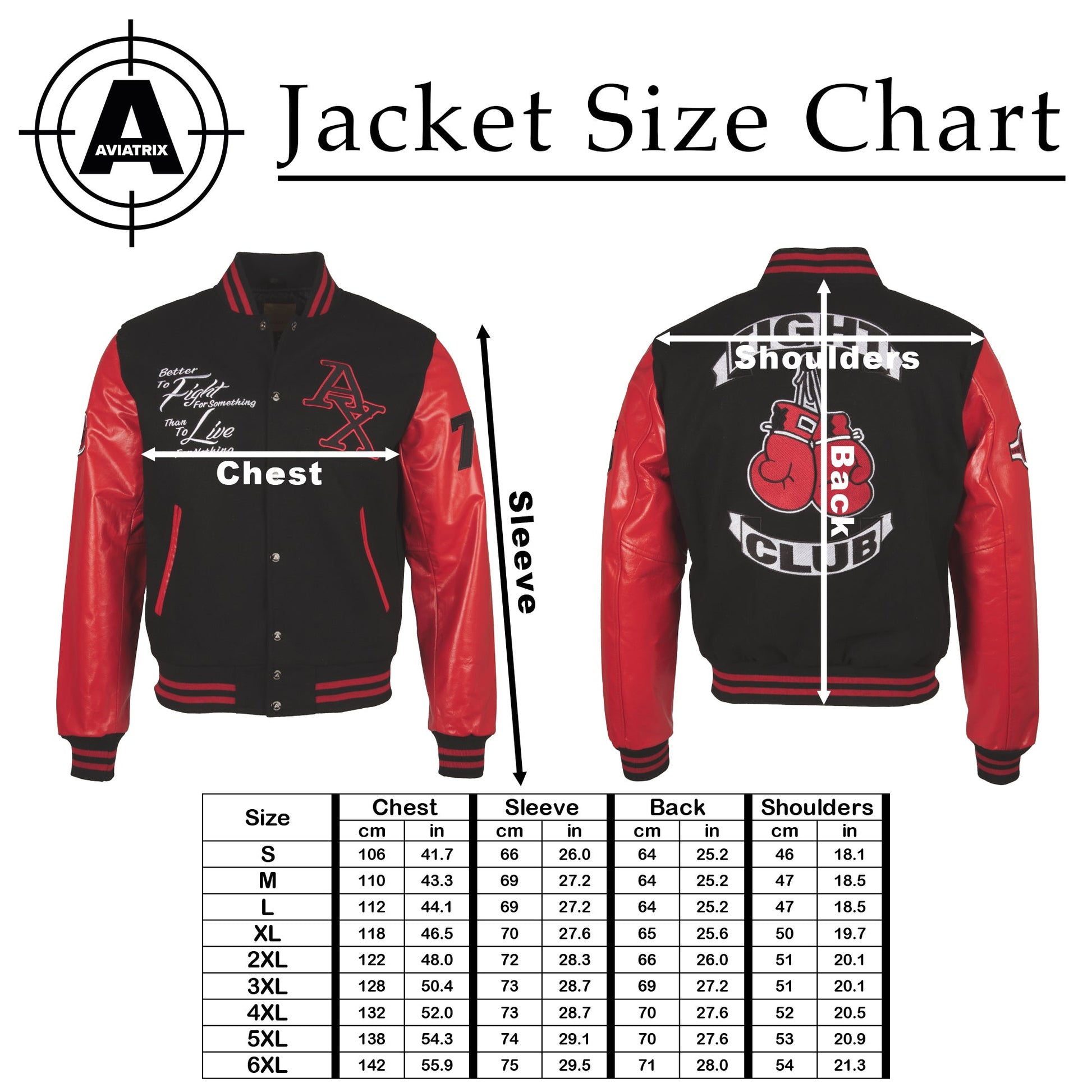 Jacket size chart with black and red jacket showing measurements