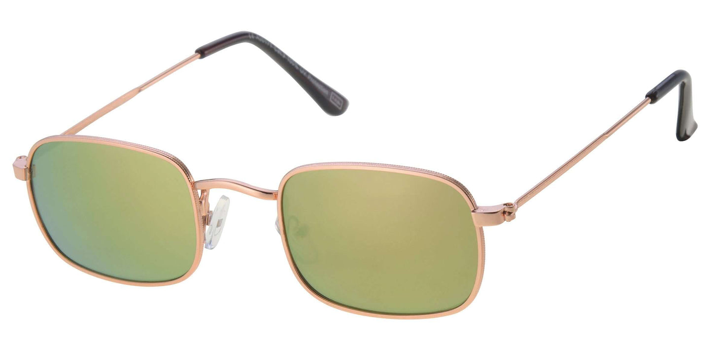 Sunglasses with rose gold frame and green lenses on a white background