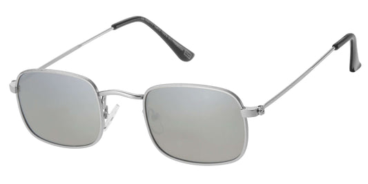 Silver sunglasses with reflective lenses on a white background