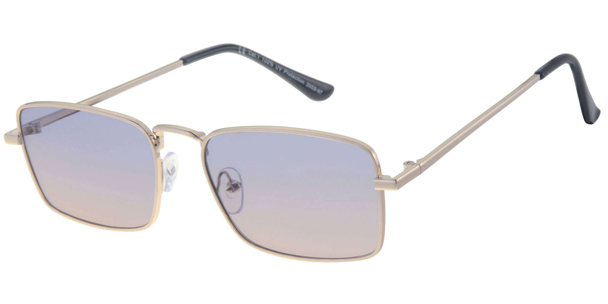 Sunglasses with gold frame and gradient lenses on a white background