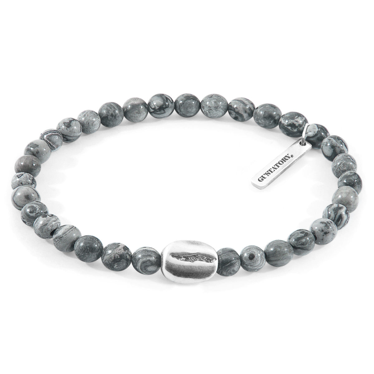 Gray beaded bracelet with a silver tag on a white background
