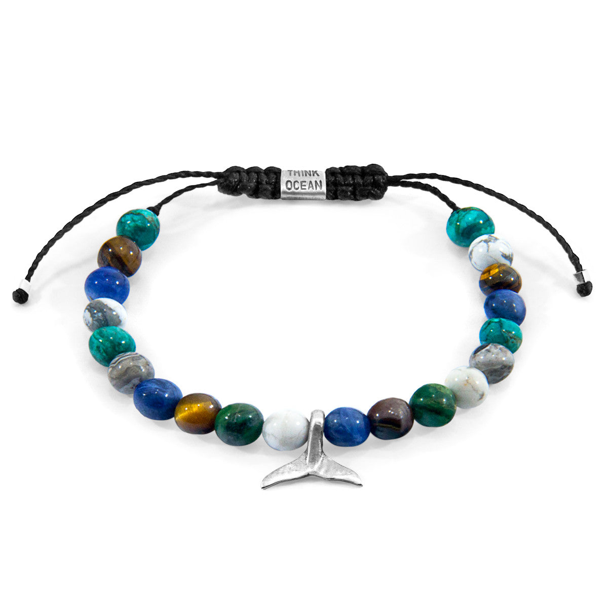 Multicolored beaded bracelet with a silver fish charm on a white background
