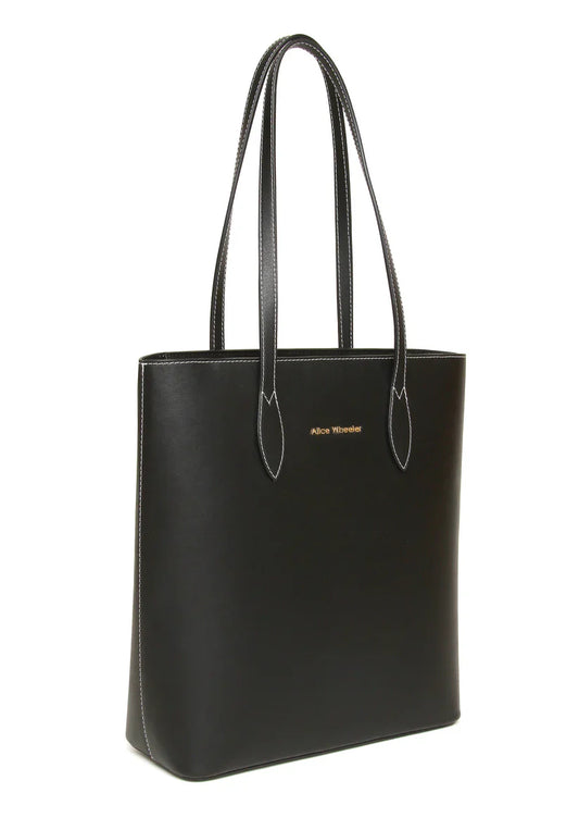 Black tote bag with a visible brand logo on a white background