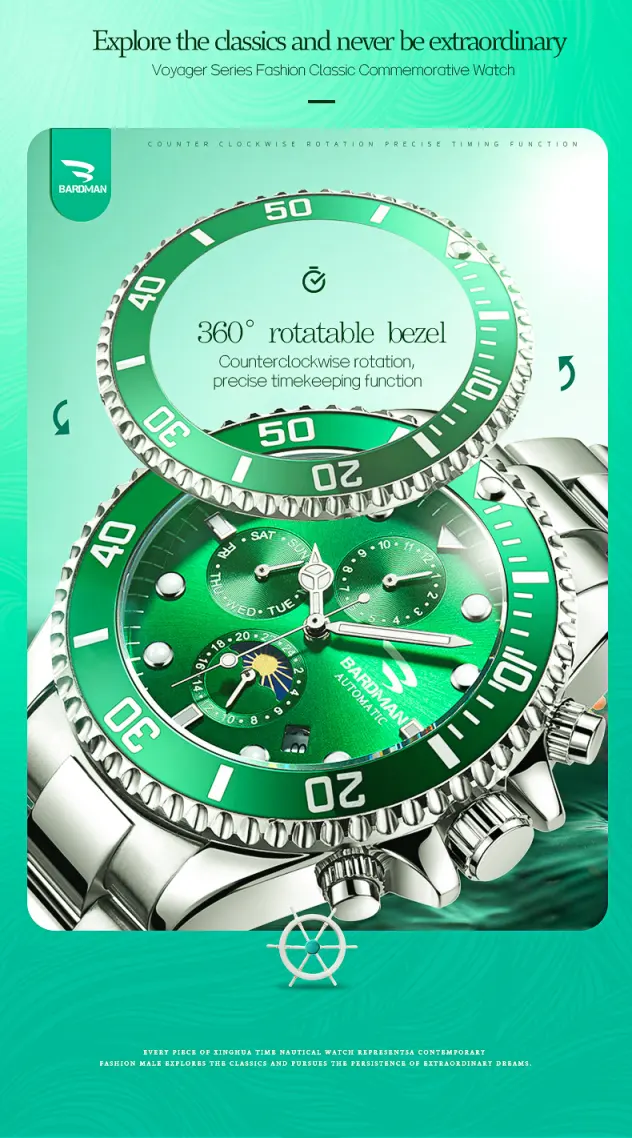 Green watch with silver accents on a teal background