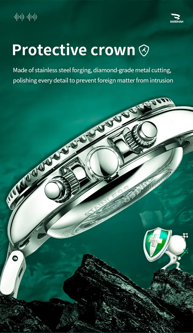 Silver protective crown with text on a green background