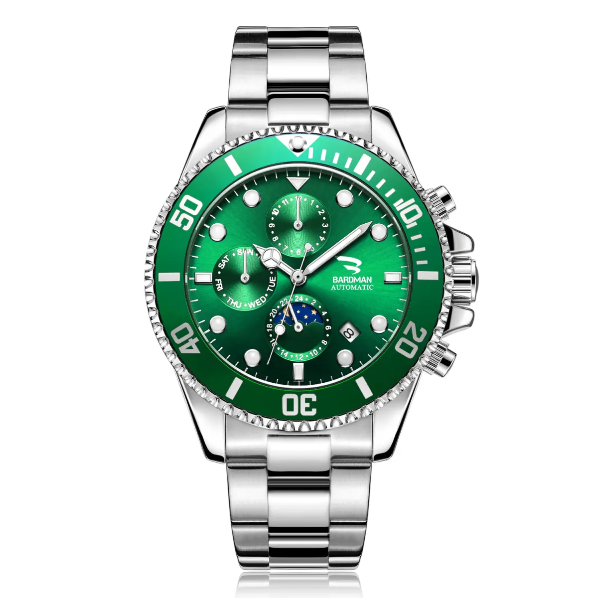 Green watch with silver case and band on a white background