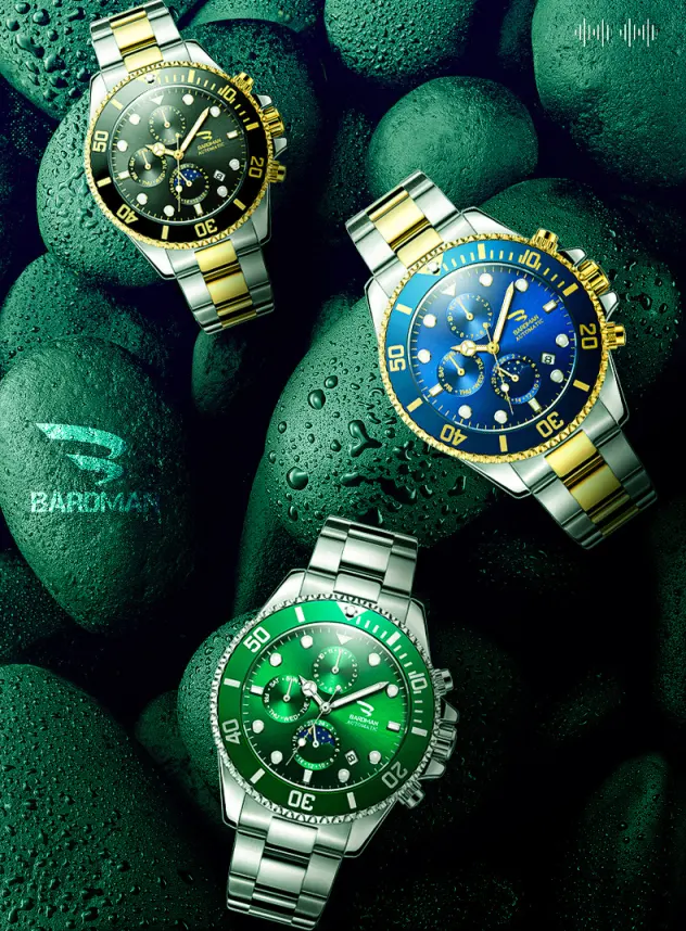 Three watches with different colored faces on green stones, featuring the brand 'Baromac'.