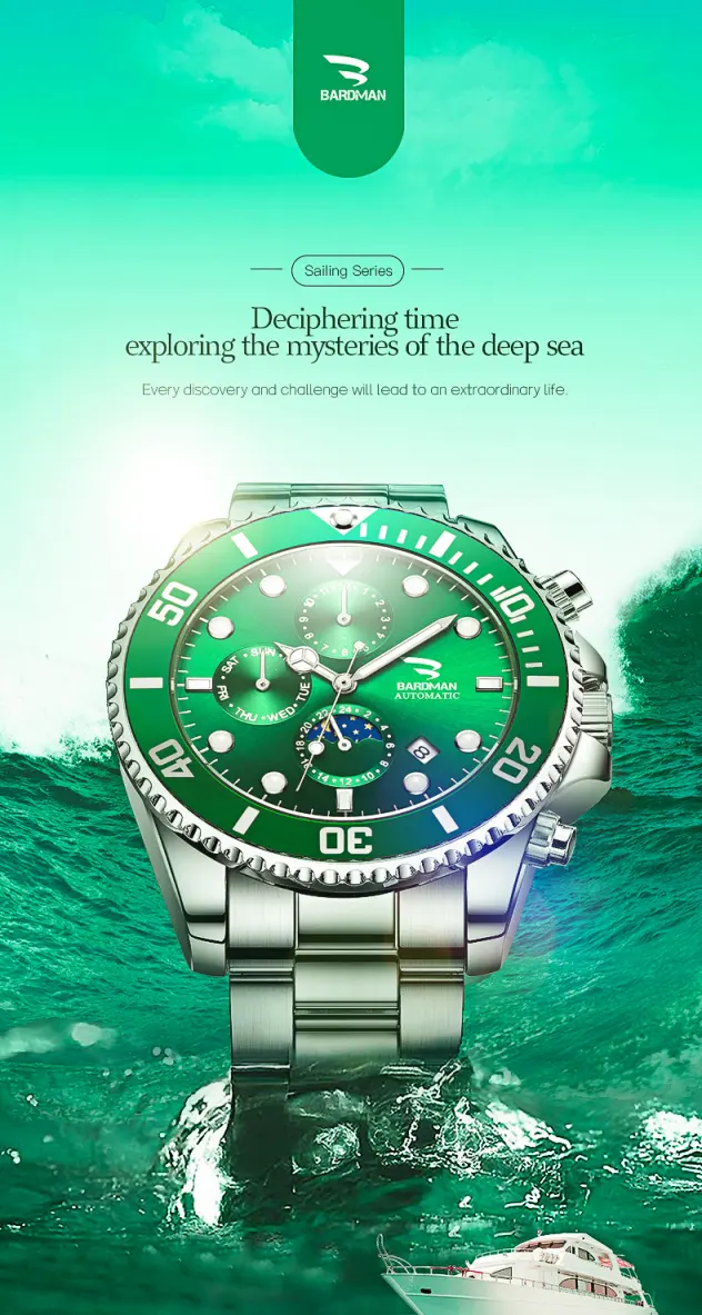 Green watch with silver accents in water, brand logo visible