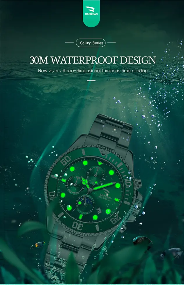 Wristwatch with green face and black strap underwater, brand logo visible