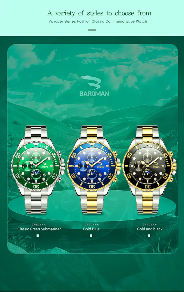 Three watches with different colored faces and bands on a green background with Bardman branding.