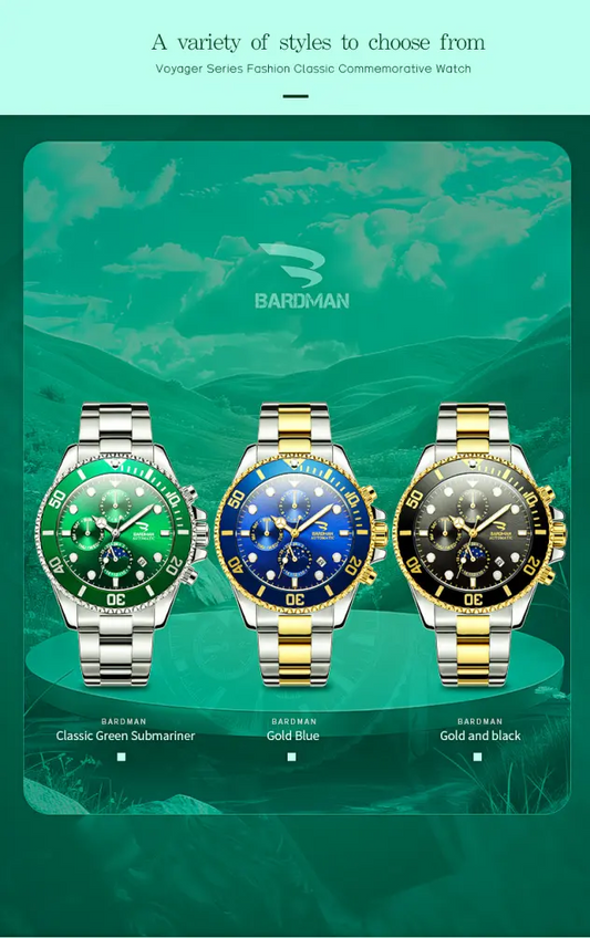 Three watches with different colored faces and bands on a green background with Bardman branding.
