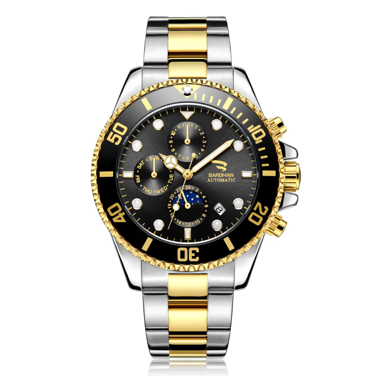 Luxury watch with black dial, gold and silver band on white background
