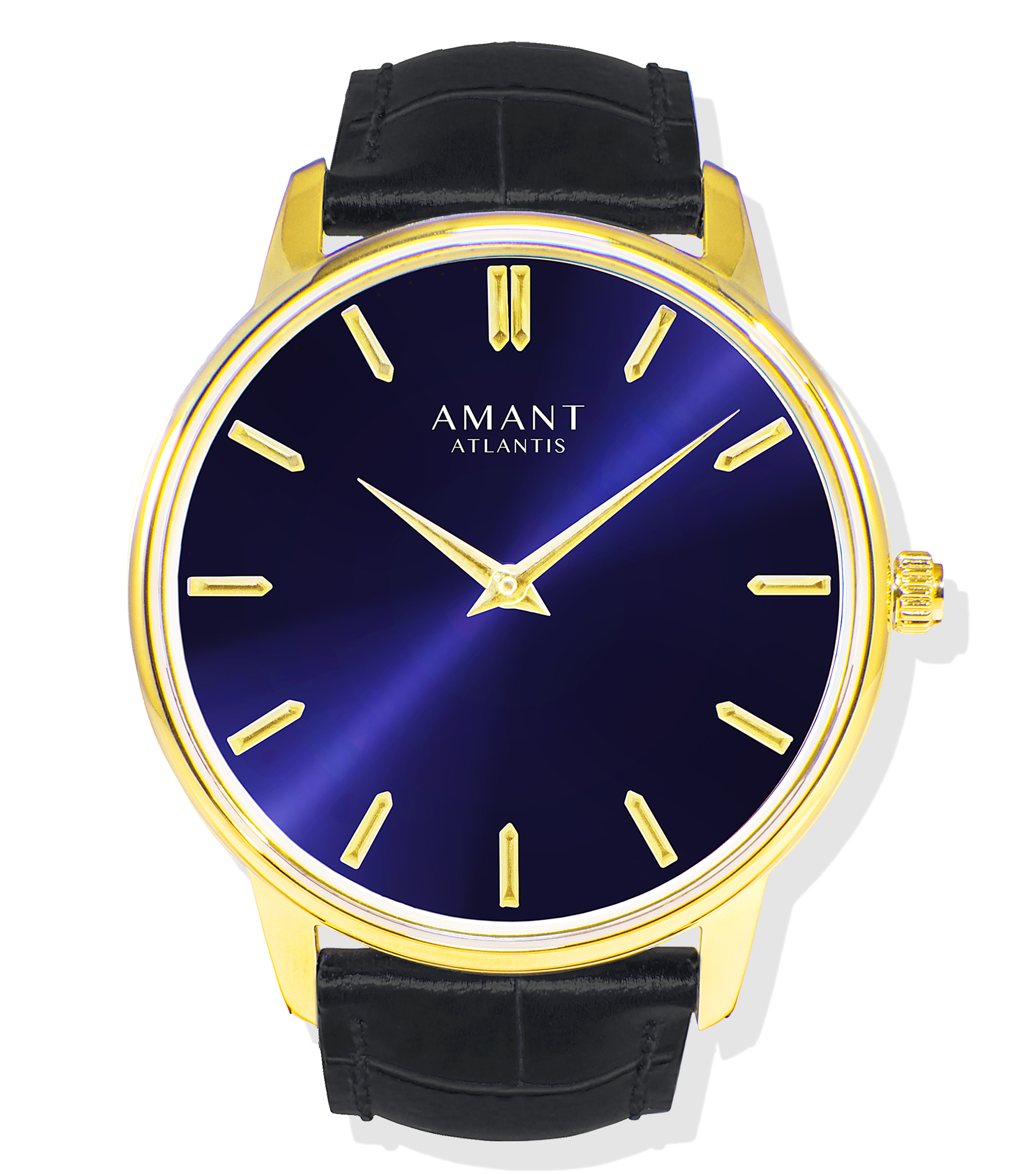 Watch with blue face, gold accents, and black leather strap on a white background