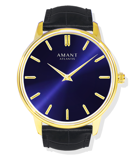 Watch with blue face, gold accents, and black leather strap on a white background