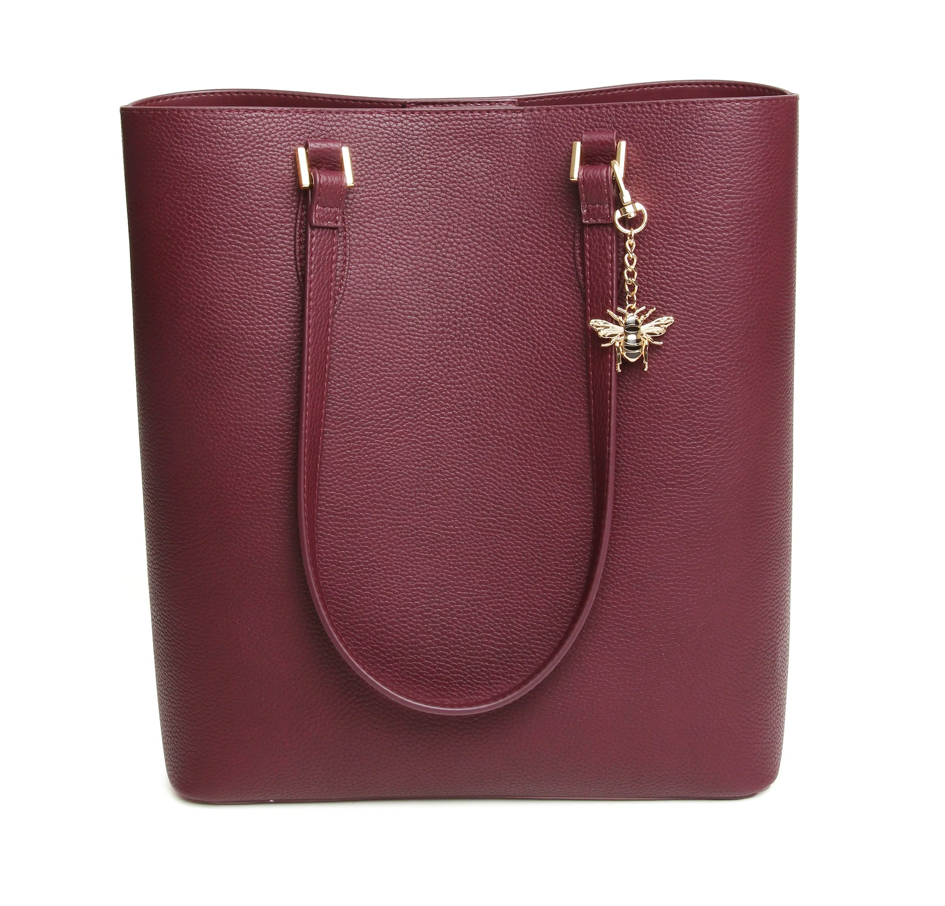 Maroon handbag with a gold bee charm on a white background