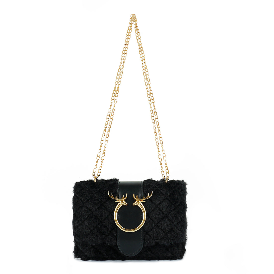 Black fur handbag with gold chain strap and deer head design on a white background