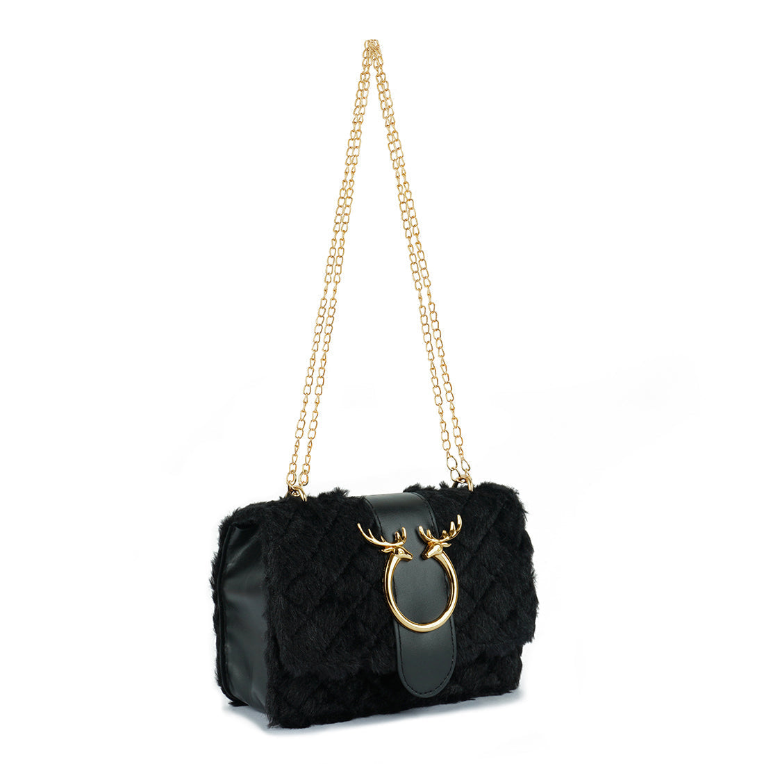 Black handbag with gold chain and deer head design on a white background