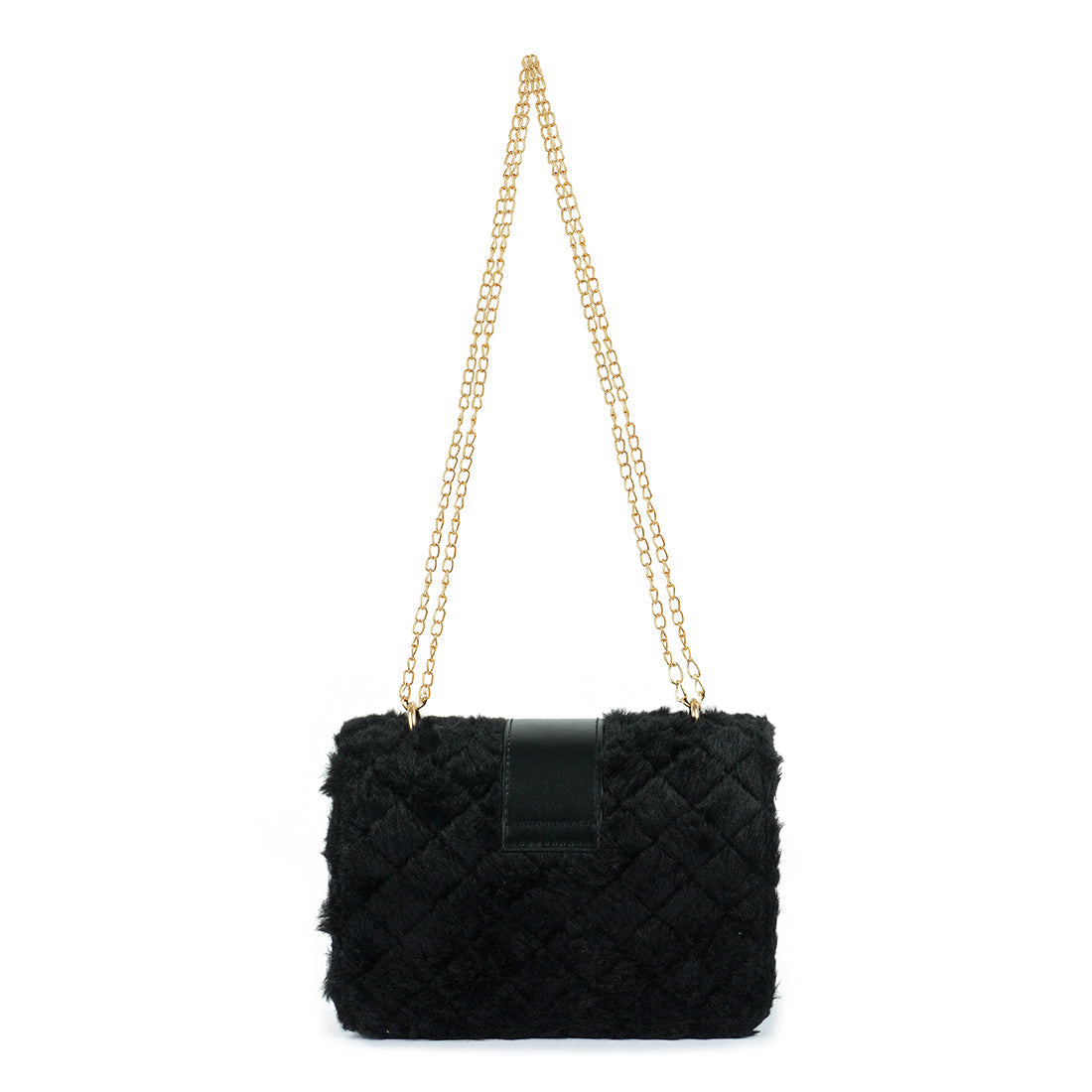 Black fur handbag with a gold chain strap on a white background