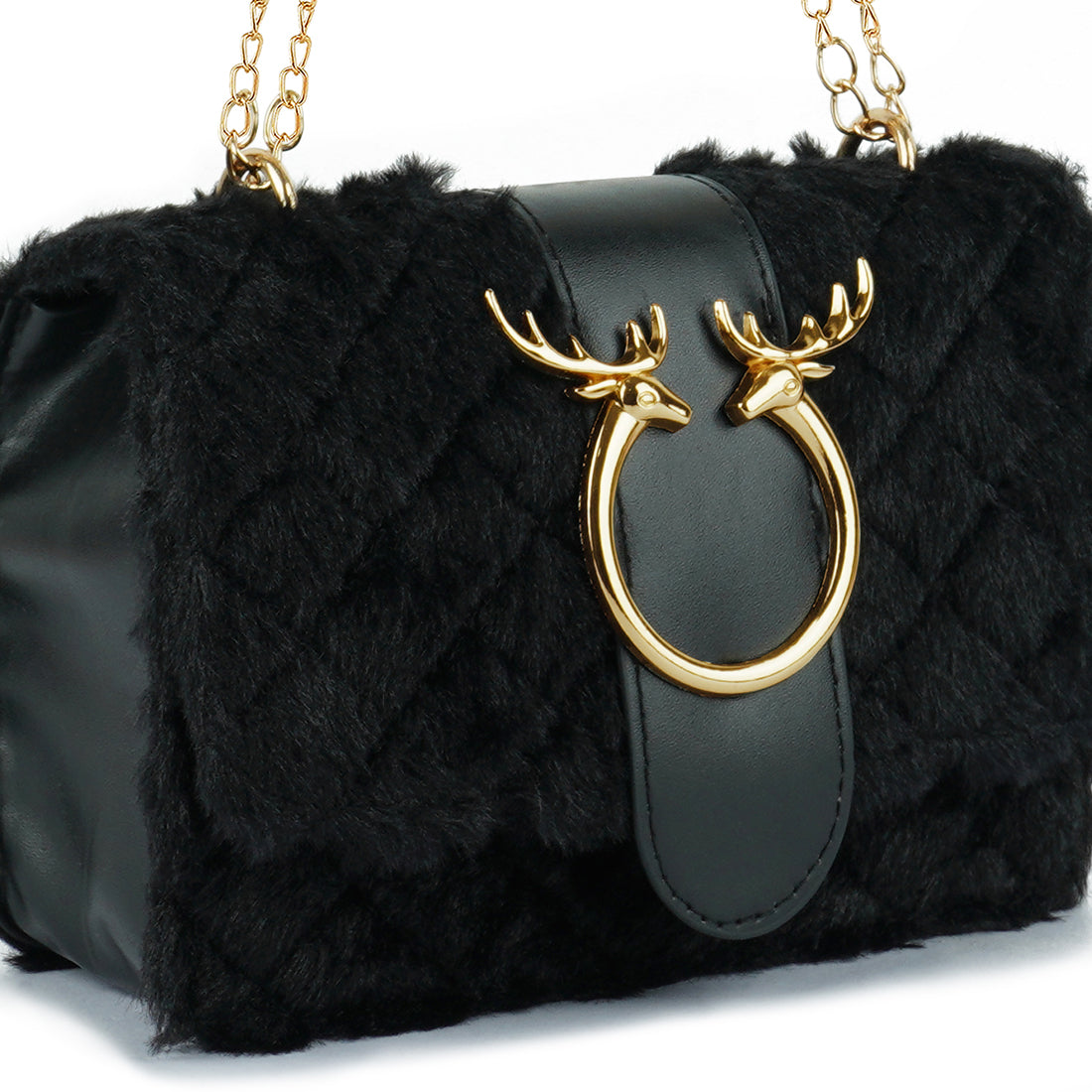 Black fur handbag with gold deer head clasp on a white background