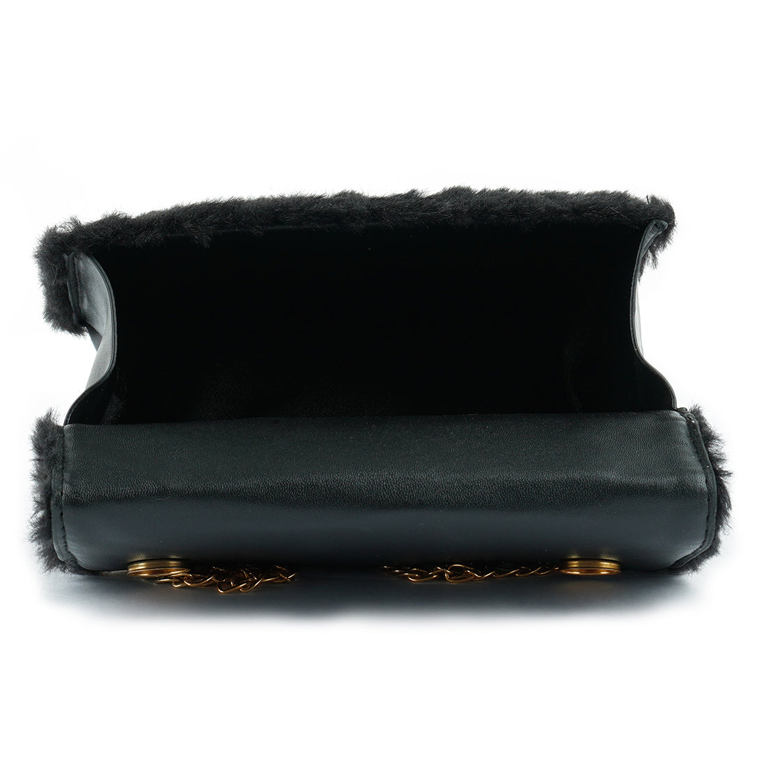 Black clutch with fur trim and gold chain on a white background