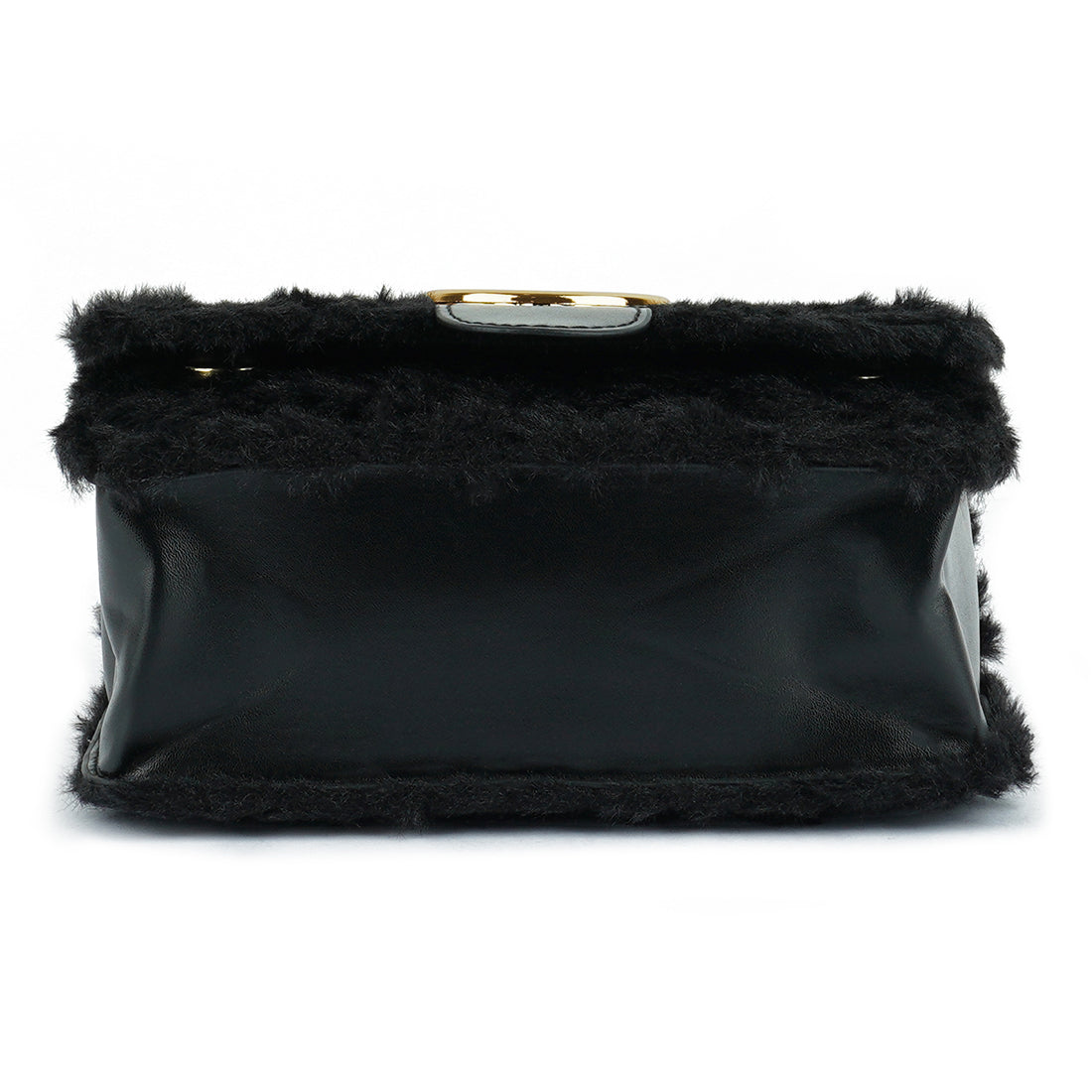 Black clutch bag with fur trim on a white background