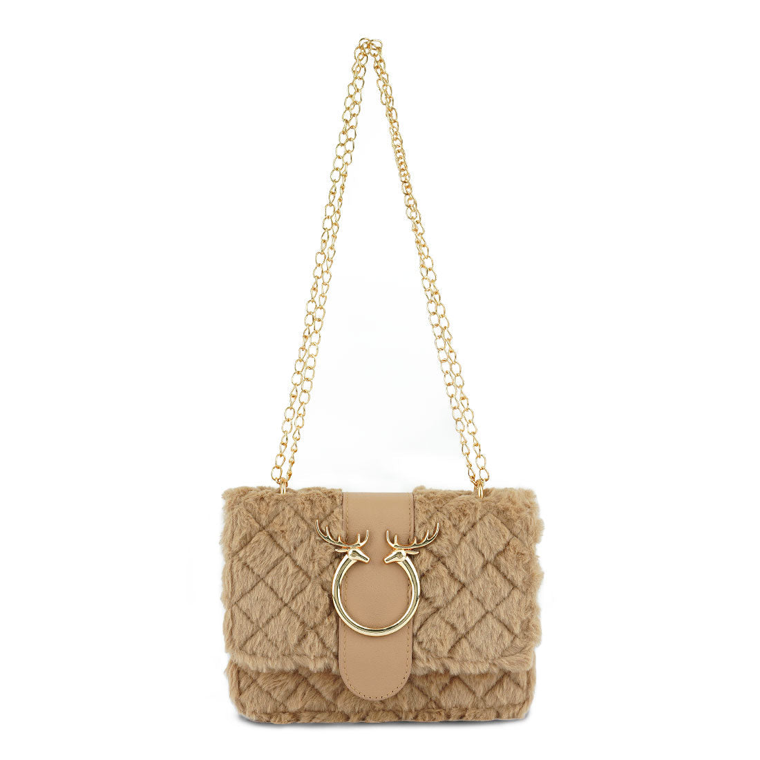 Beige textured handbag with gold chain strap and deer head emblem on a white background